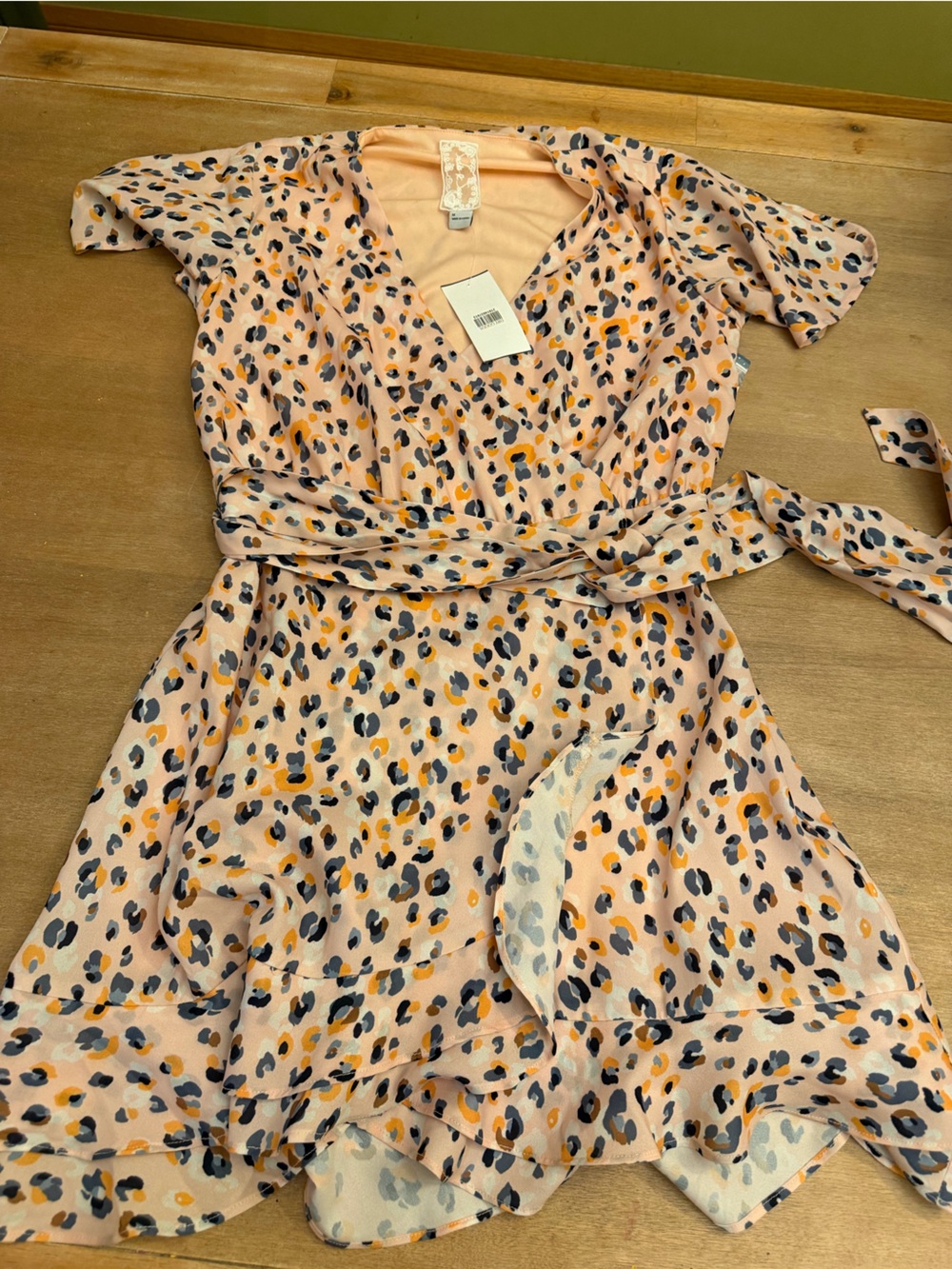 Sadie & Sage Peach Leopard Wrap Dress with Navy and Mustard Spots